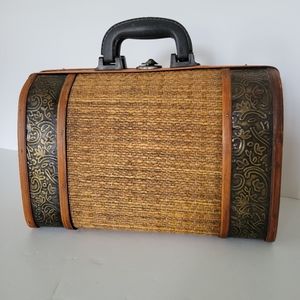 Vintage wooden and tin purse carrying storage case with metal latch handbag tote